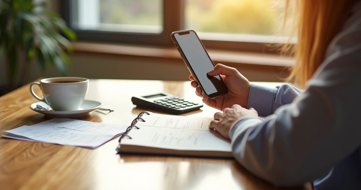 Pessoa usando um aplicativo de finanças no celular em uma mesa com caneca e caderneta.