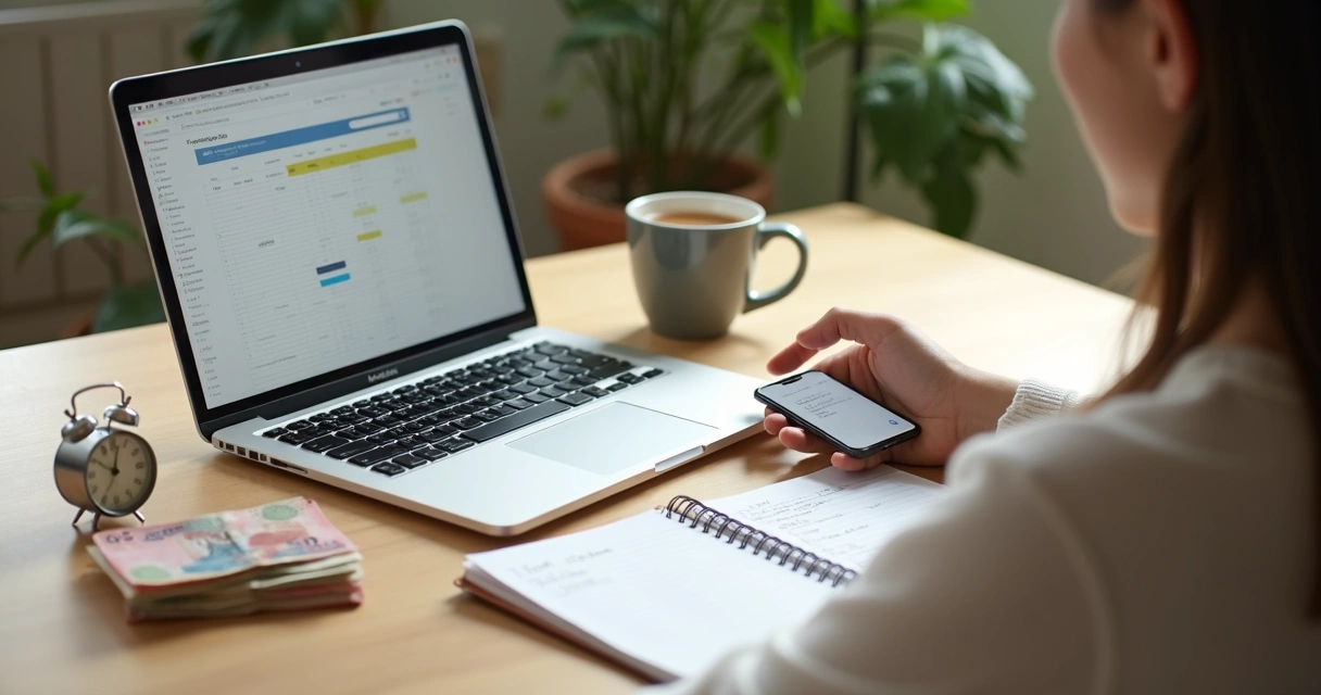 Pessoa organizando rotina financeira simples em mesa com notebook e planilha 