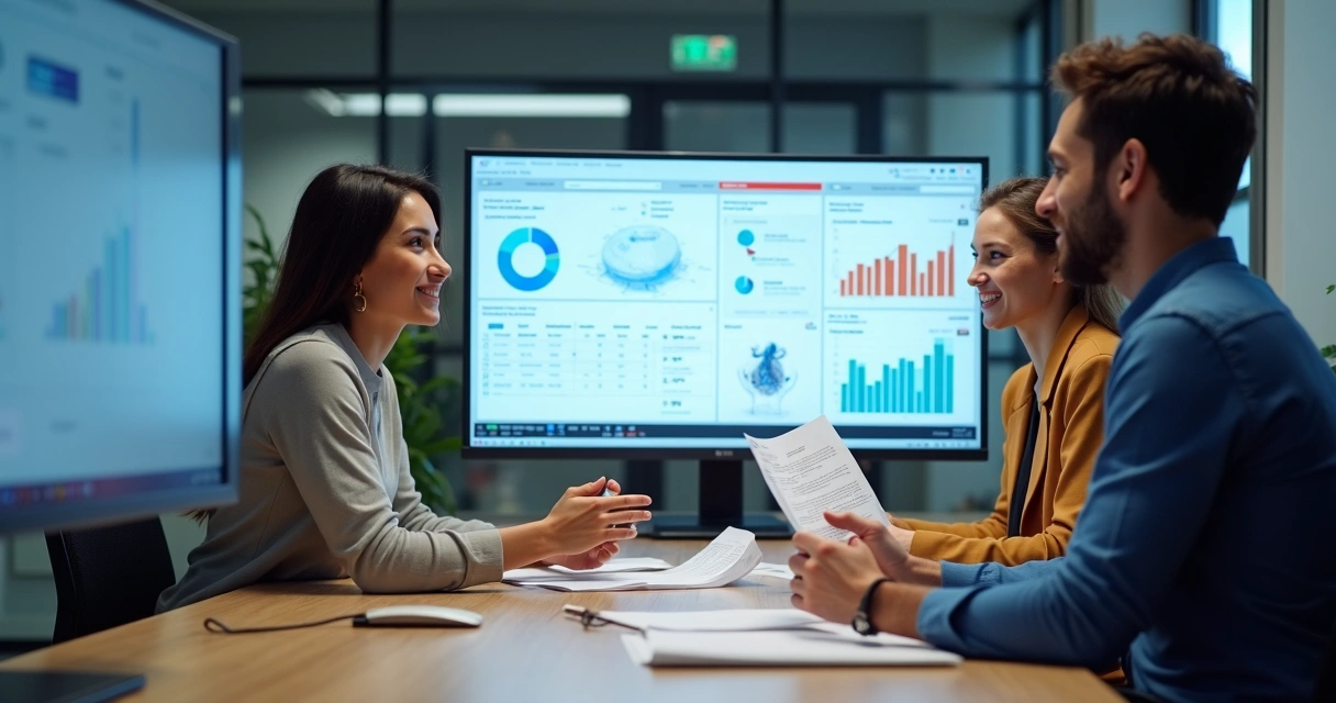 Equipe de finanças em escritório moderno com recursos de ERP visíveis na tela 