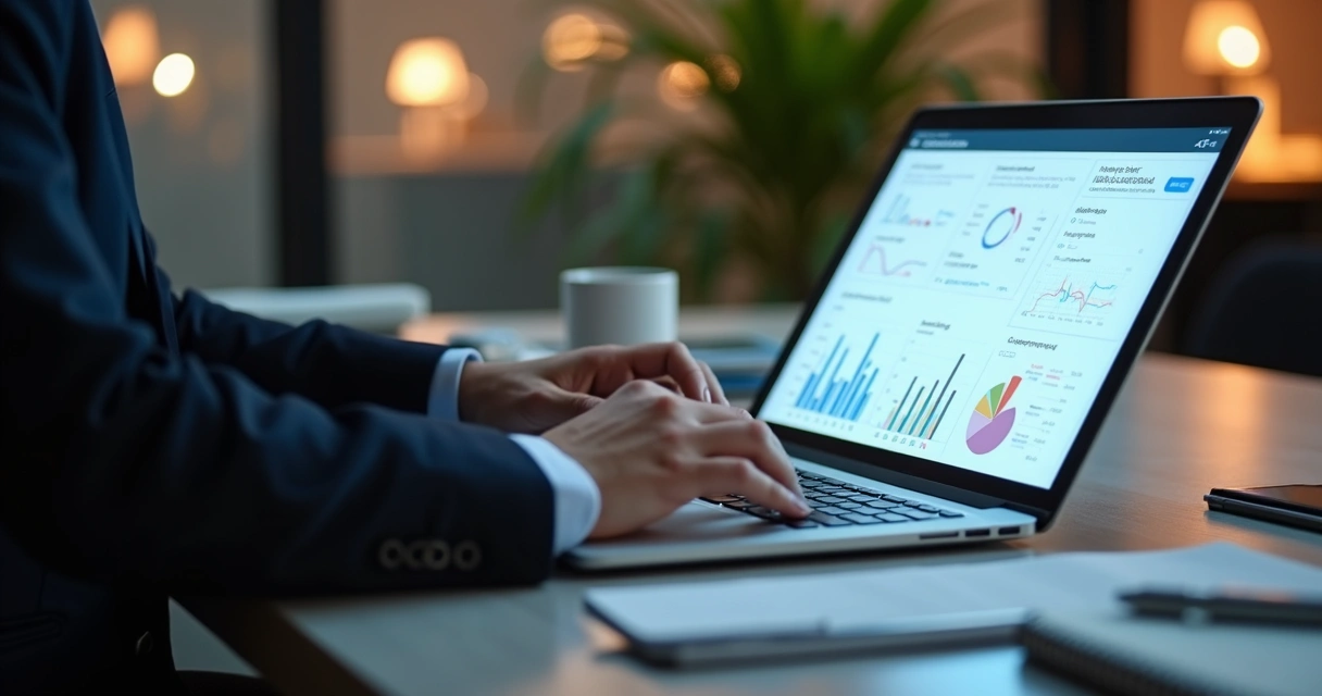 Profissional digitando em notebook com tela mostrando planilhas fiscais digitais