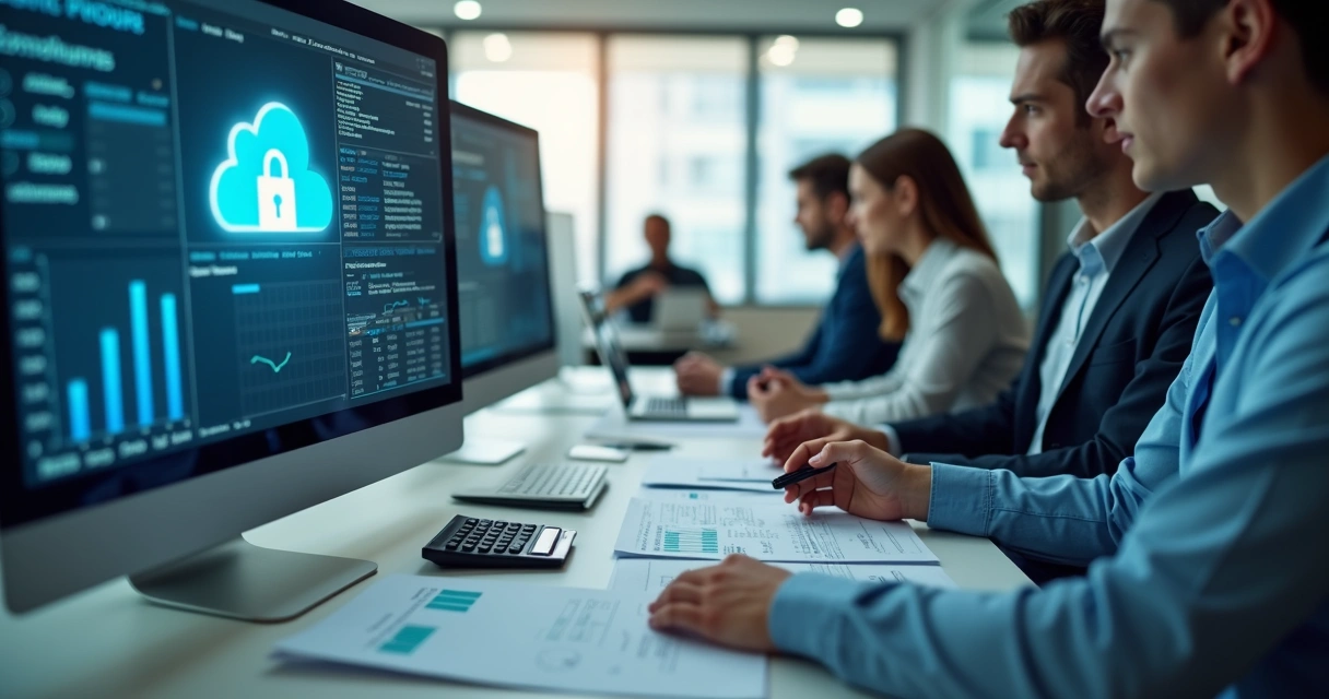 Equipe administrativa conferindo documentos fiscais em escritório