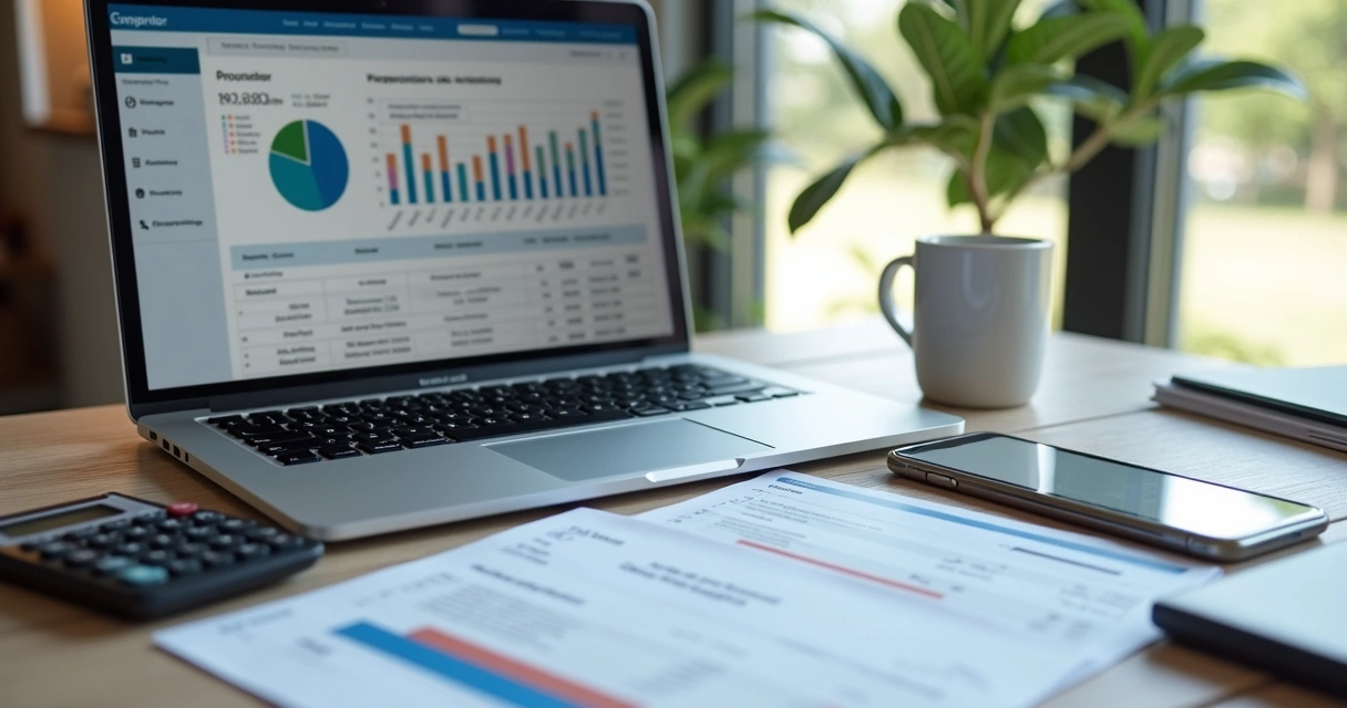 Mesa com relatórios fiscais, notebook e calculadora em escritório 