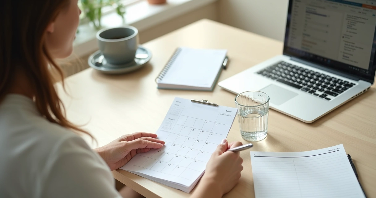 Pessoa organizando rotina de trabalho em casa com agenda e notebook 