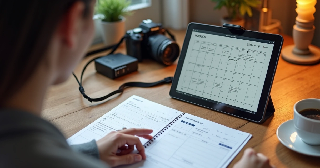 Fotógrafo organizando notas fiscais e agenda digital 