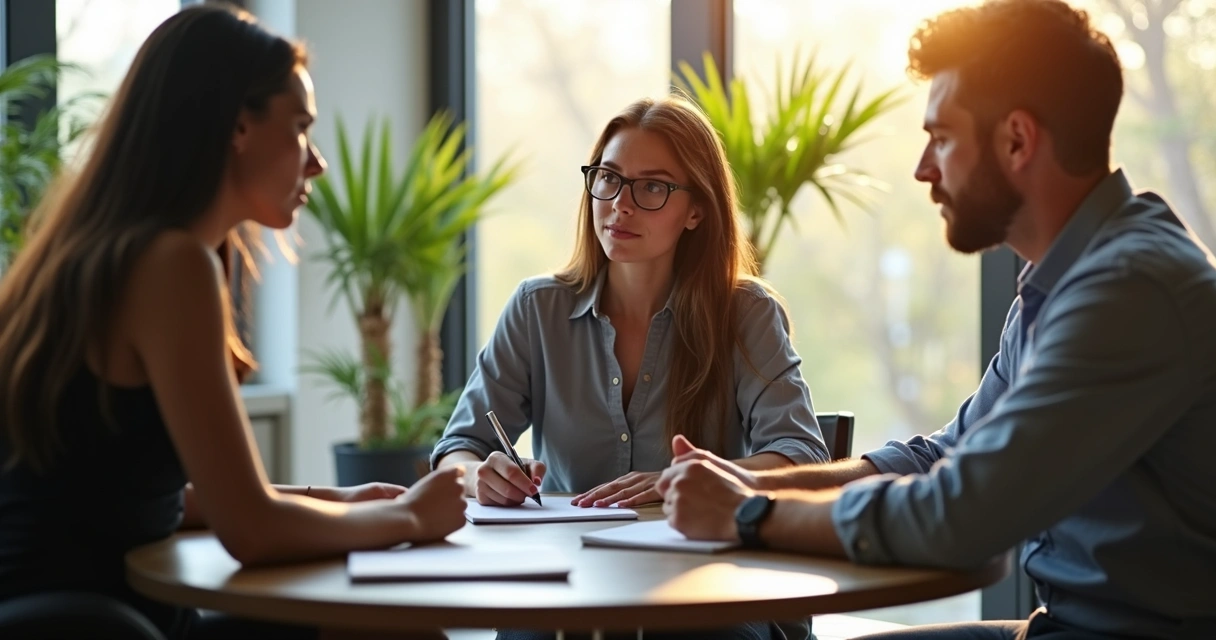 Três pessoas em círculo conversando em escritório iluminado