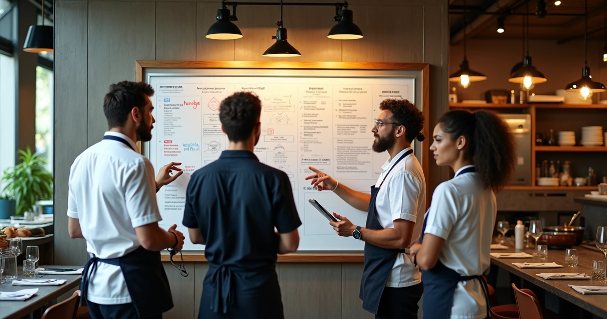 Equipe de cozinha reunida em frente ao quadro de tarefas do restaurante 