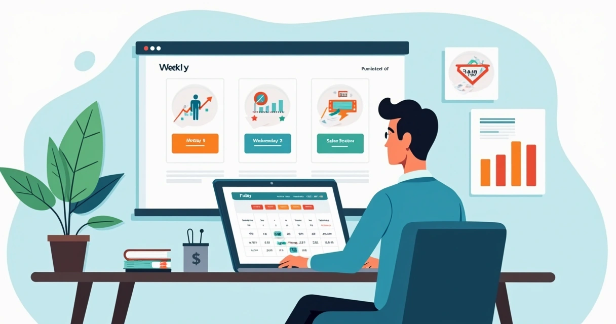 Empresário organizando rotina de gestão semanal com painel de indicadores 