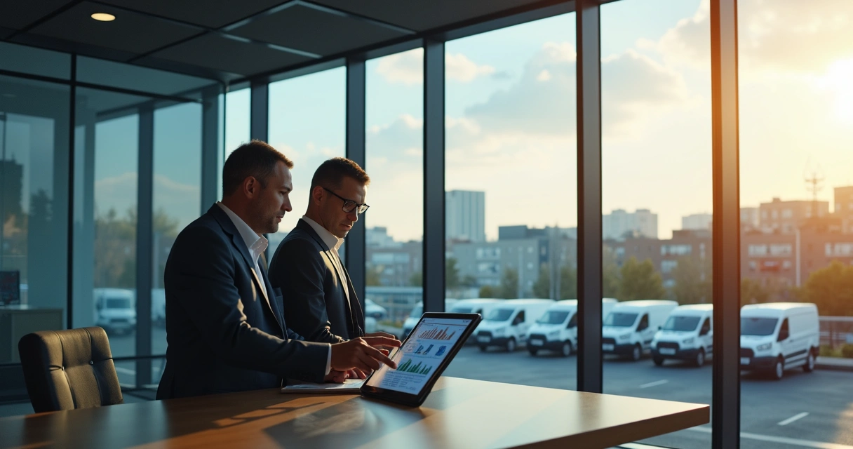 Gerente analisando relatórios digitais em um escritório corporativo