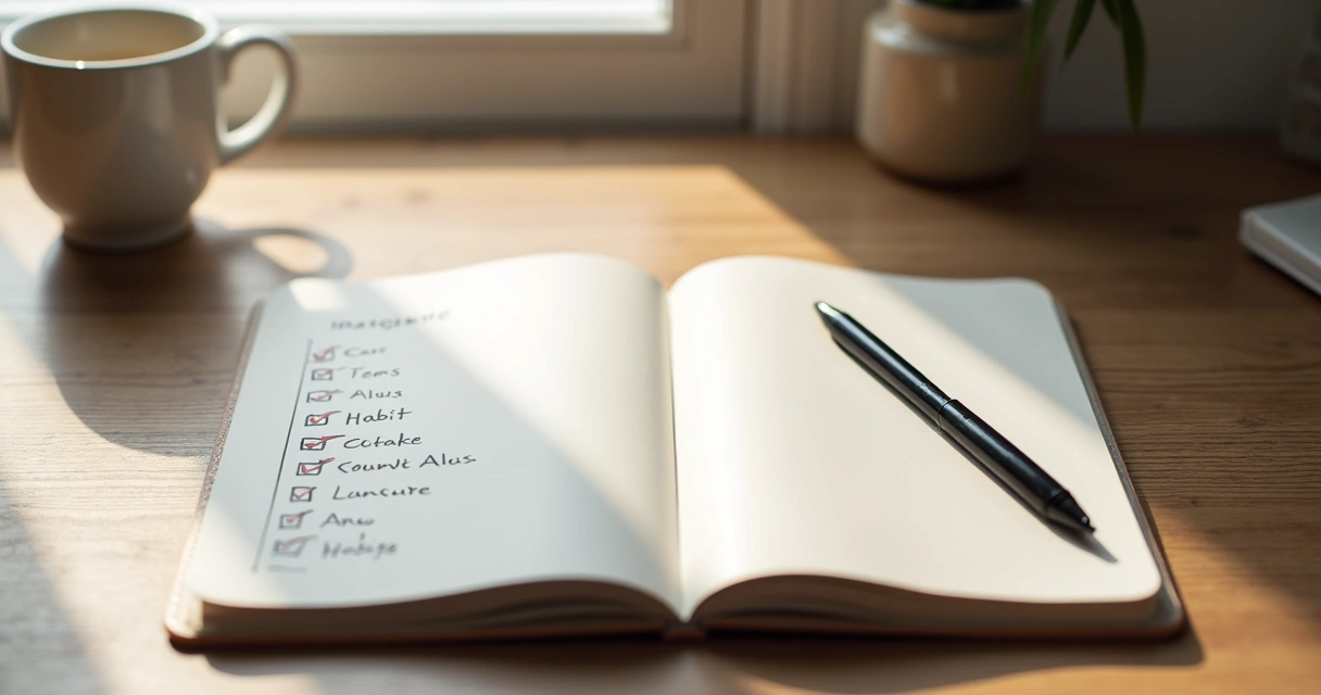 Caderno com planejamento de hábitos e xícara de café na mesa 