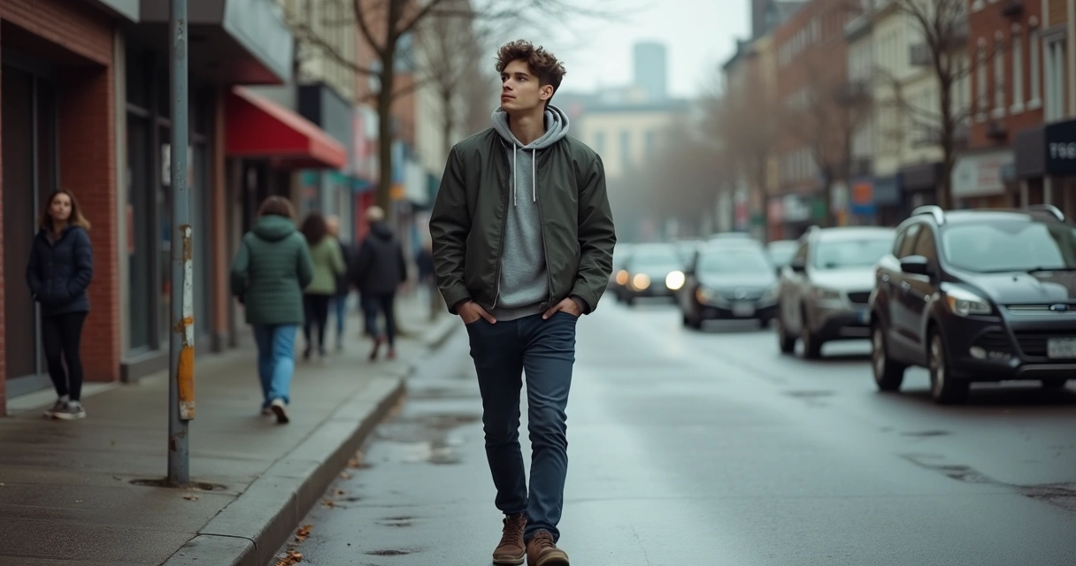 Pessoa caminhando rotineiramente pela mesma rua, cenário urbano sutil ao fundo 