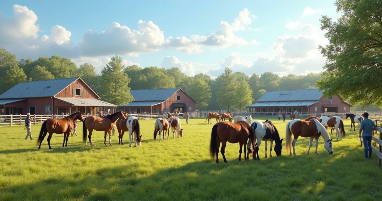 Vista panorâmica de um haras com cavalos pastando, tratadores trabalhando e cerca ao fundo 