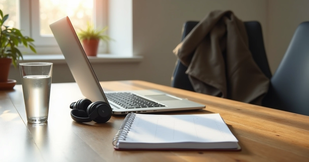 Mesa com notebook, agenda e fones em rotina híbrida