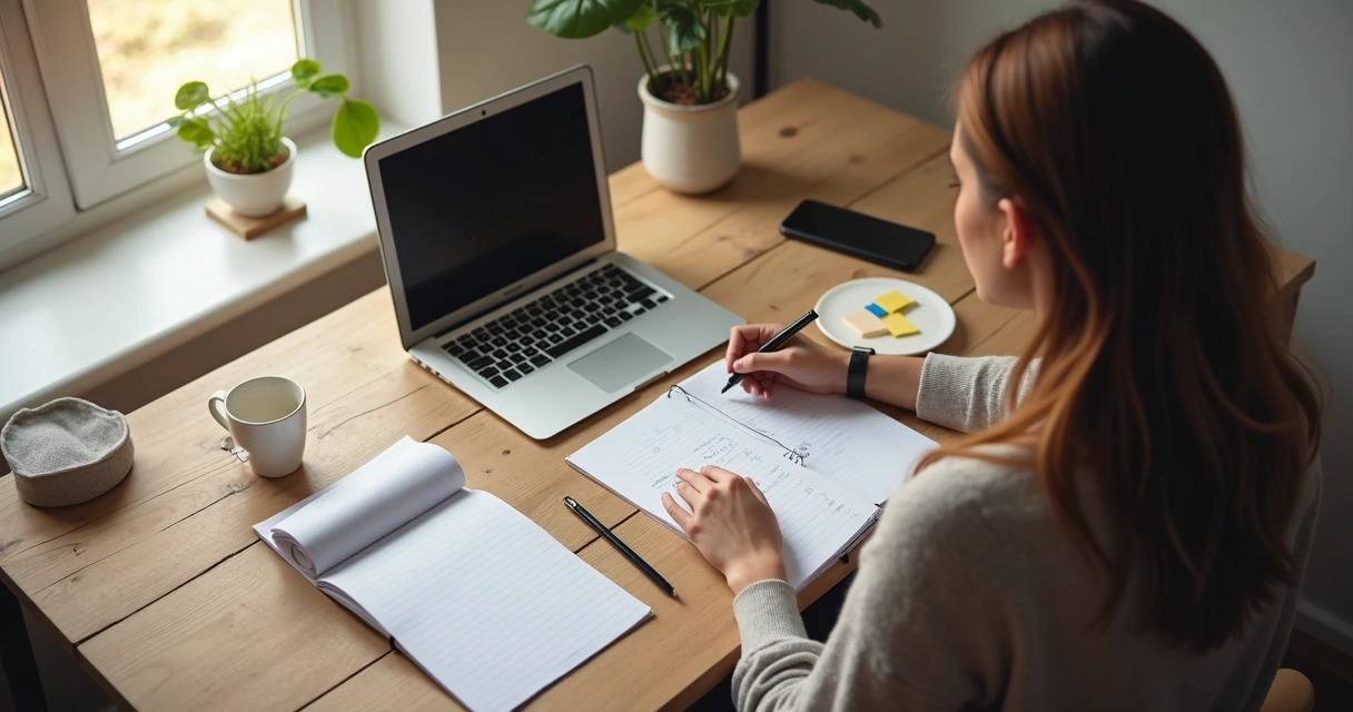 Pessoa organizando rotina de trabalho híbrido em mesa com notebook e agenda 