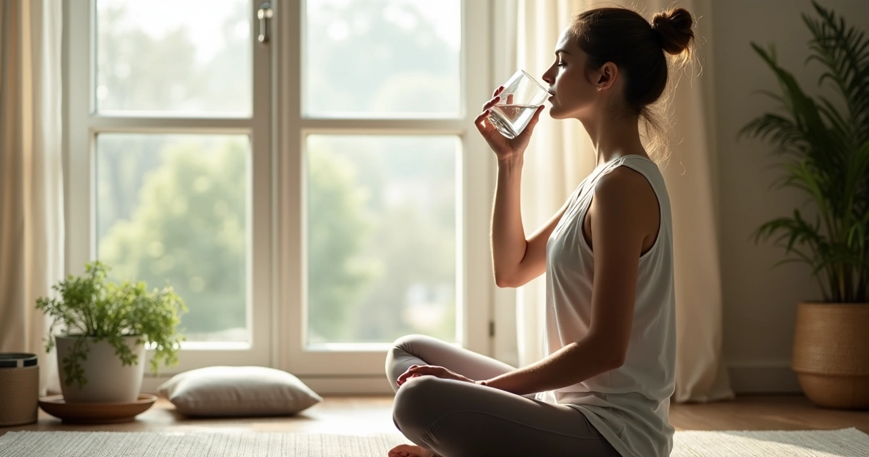 Pessoa bebendo água antes de meditar em casa