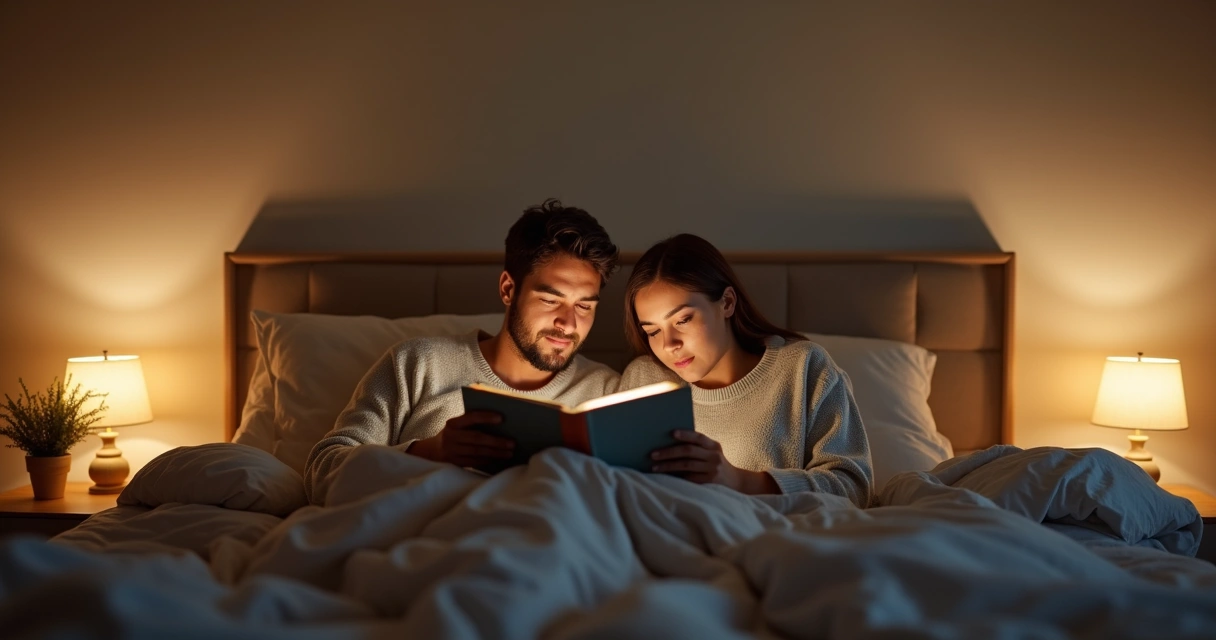 Casal praticando rotina de higiene do sono lendo antes de dormir 