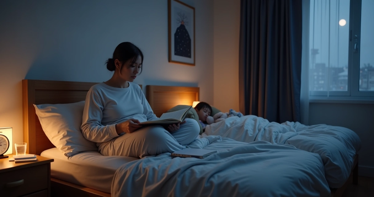 Quarto aconchegante à noite com pessoa adulta lendo e criança dormindo em cama ao lado 