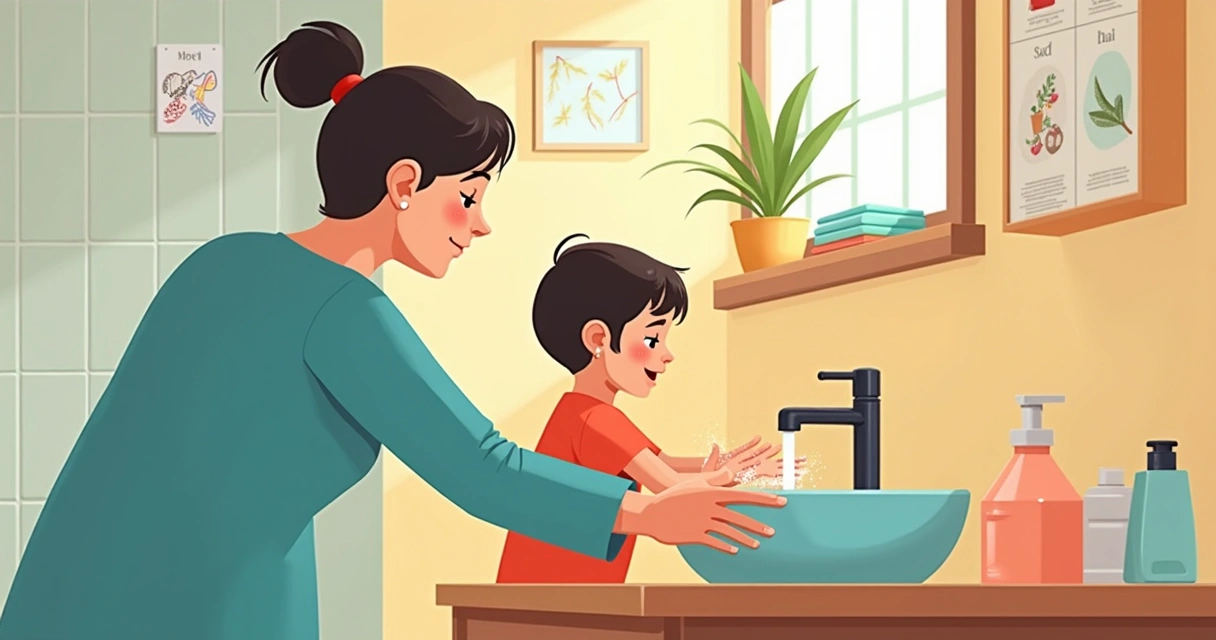 Criança autista lavando as mãos com auxílio de quadro visual na parede, ambiente colorido e amigável 