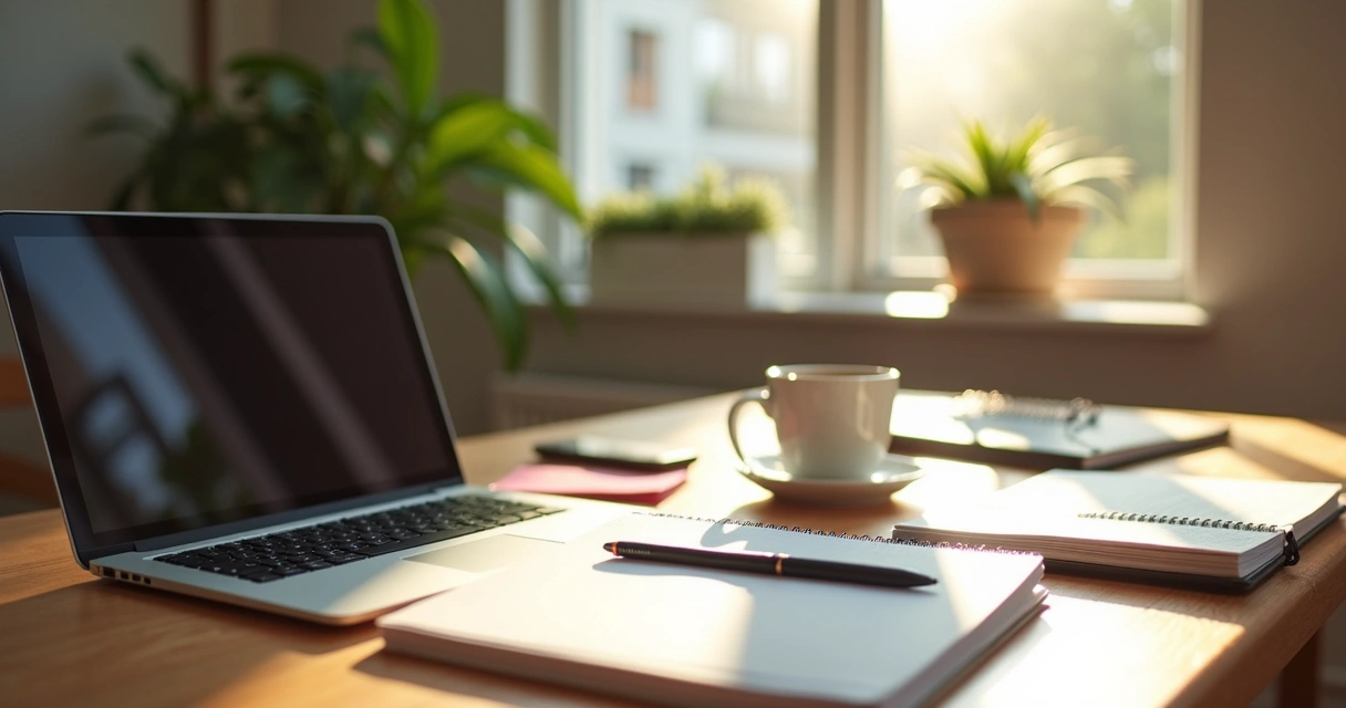 Rotina organizada com material de escritório e computador 