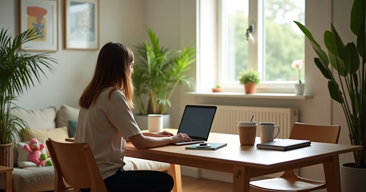 Pessoa trabalhando em casa com notebook sobre a mesa, plantas e objetos pessoais ao redor 