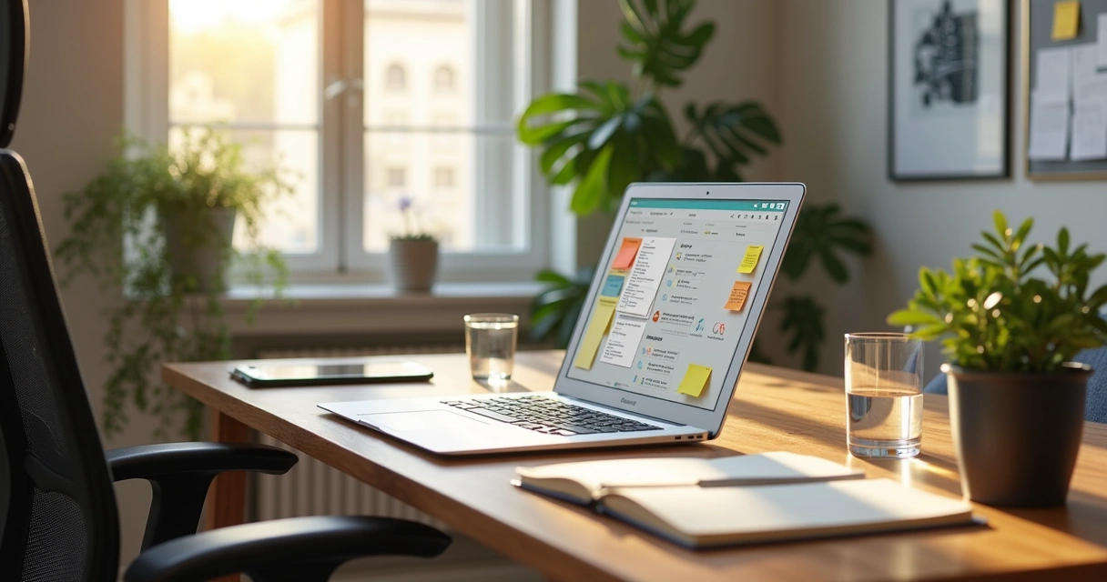 Mesa de home office com notebook, agenda e luz natural