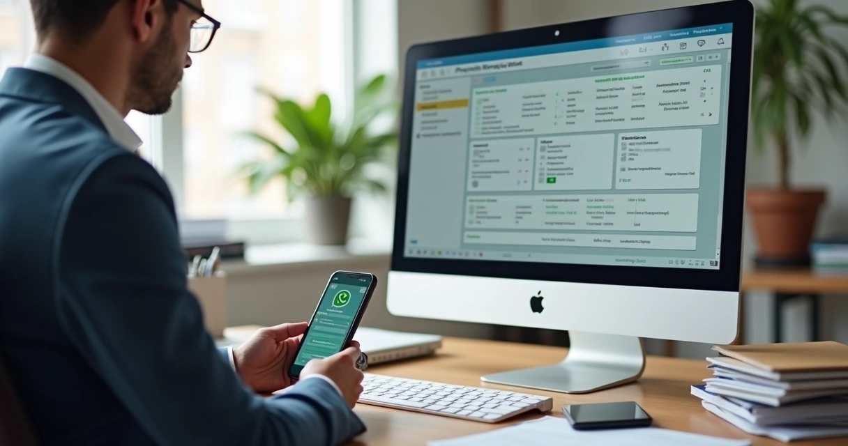 Corretor em frente ao computador usando sistema imobiliário de locações