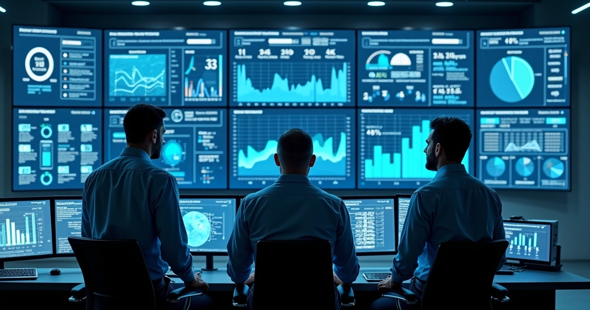 Profissionais analisando painel digital com dados industriais 