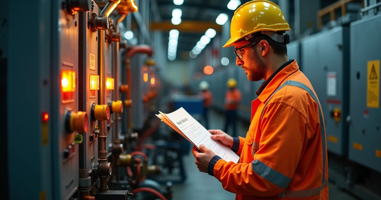 Colaboradores de indústria realizando bloqueio LOTO em máquina com checagem de checklist ao lado. 