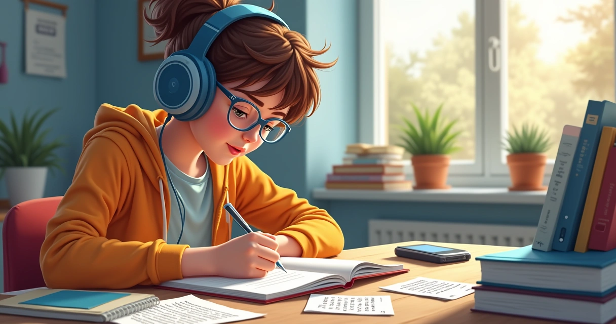 Jovem ouvindo podcast de inglês e anotando no caderno 