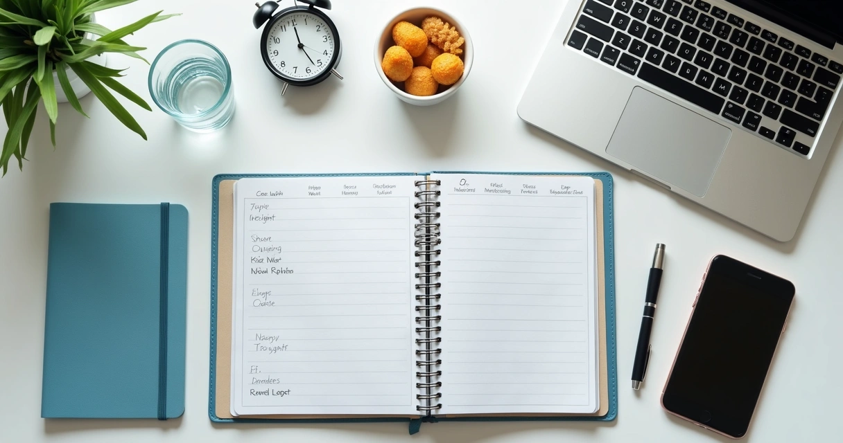 Mesa com agenda, relógio, água e computador em rotina organizada 
