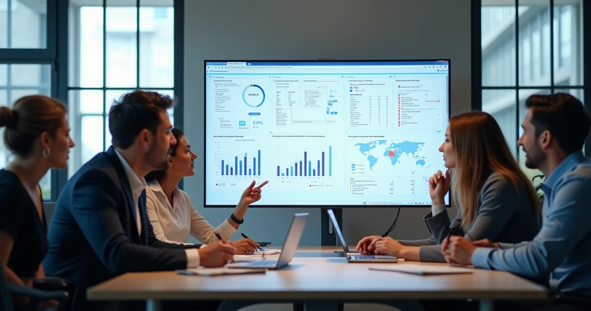 Equipe usando sistema ERP com tela mostrando vendas, estoque e nota fiscal 