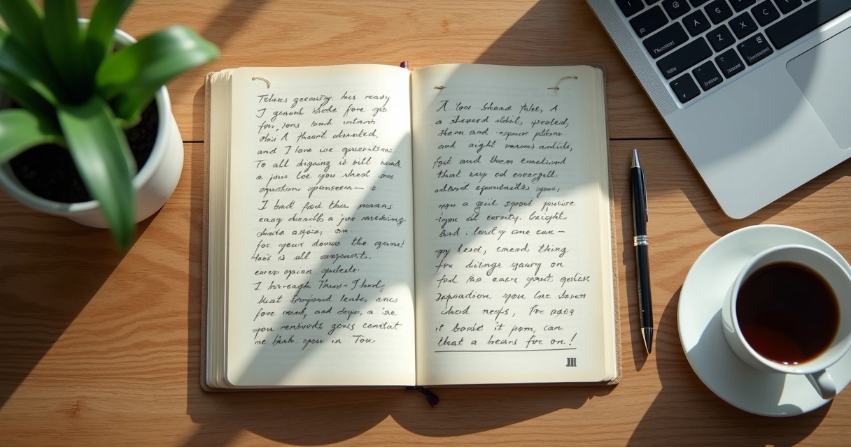 Caderno aberto com anotações sobre emoções, xícara de café ao lado, planta verde, ambiente de trabalho organizado. 