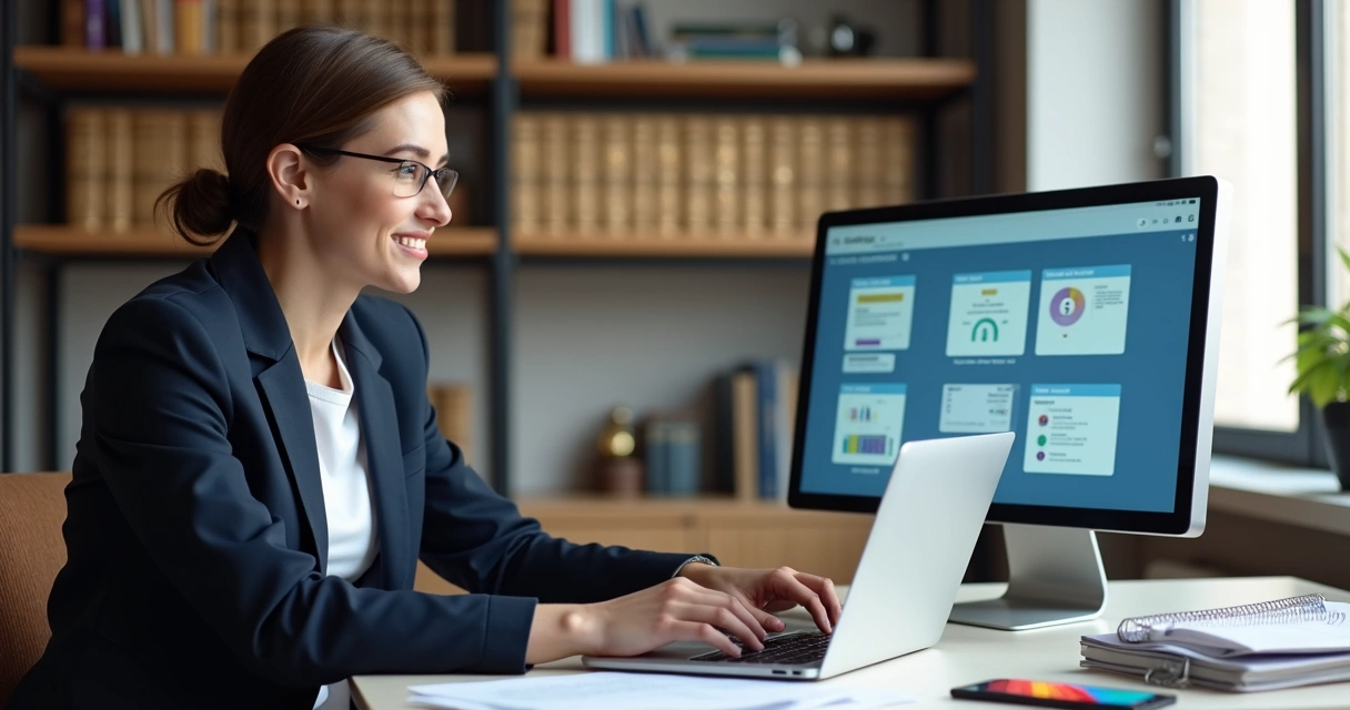 Advogado usando notebook em escritório moderno com dashboards e relatórios na tela. 