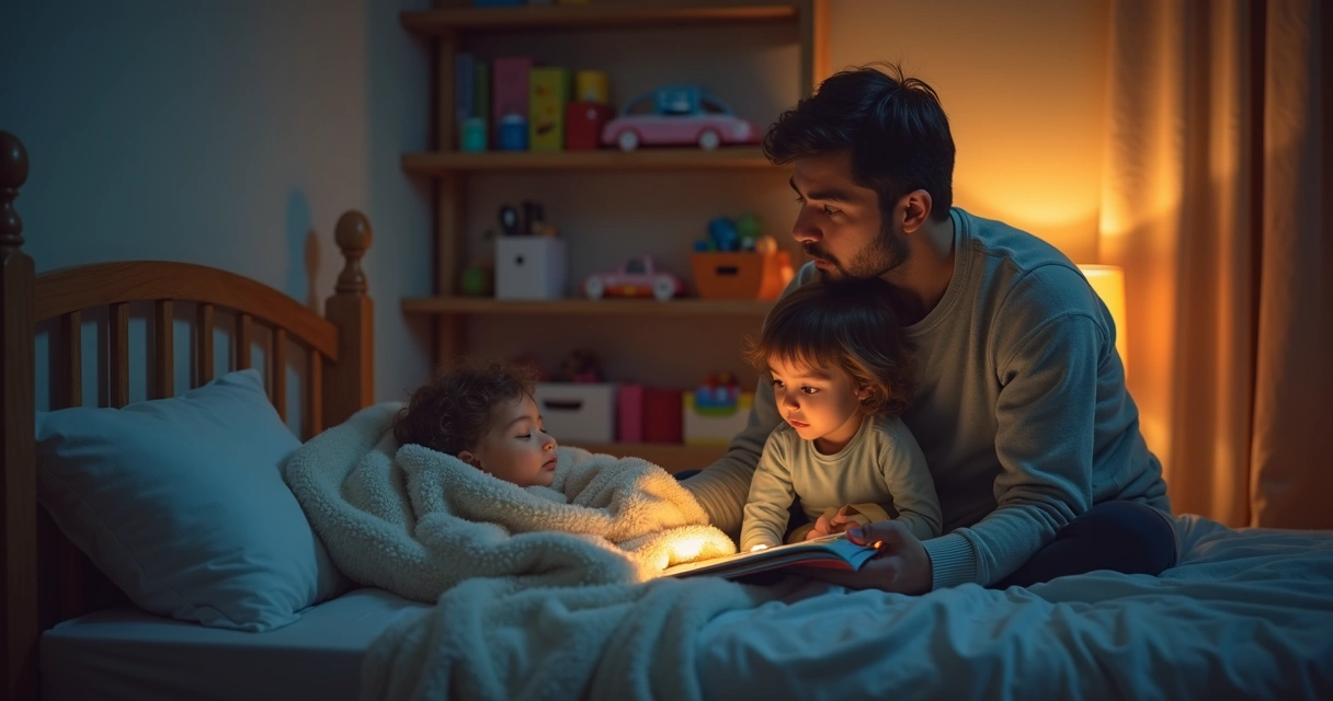 Pai lendo história para criança na cama antes de dormir 