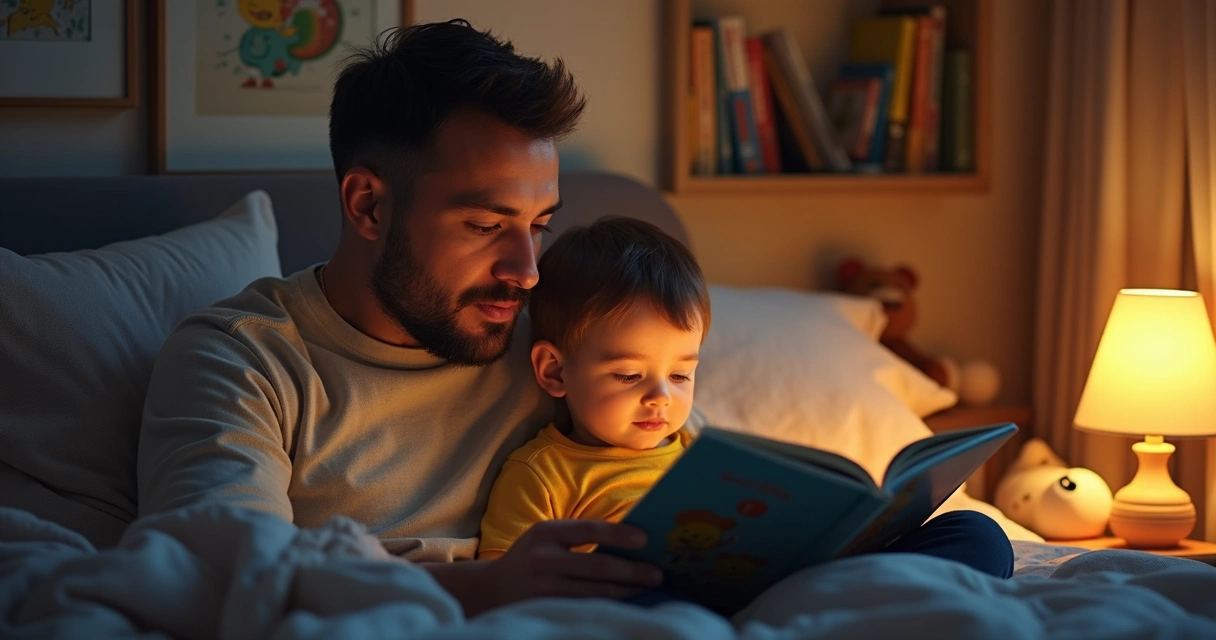 Pai lendo livro para filho em um ambiente acolhedor 