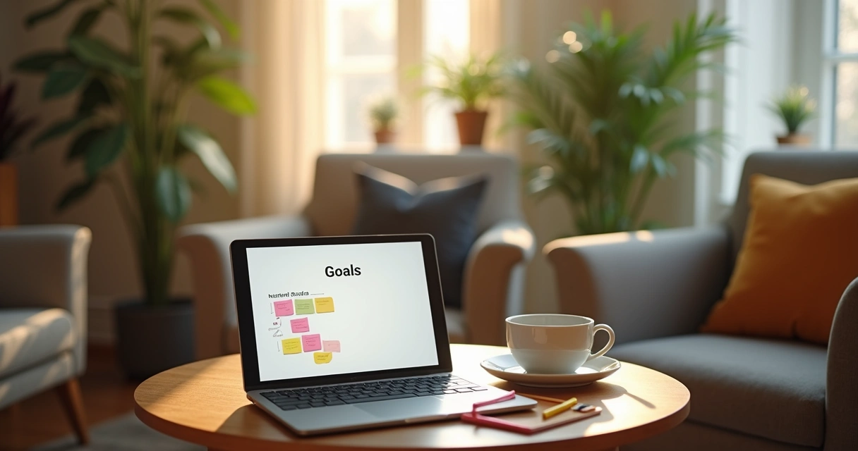 Ambiente de trabalho leve com quadro de metas e itens descontraídos 