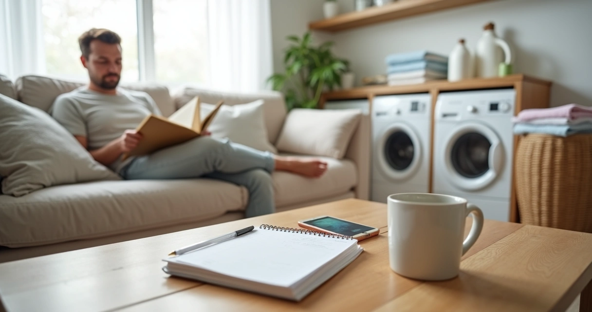 Pessoa relaxando em sala organizada com cestos de roupa limpos e agenda aberta na mesa 