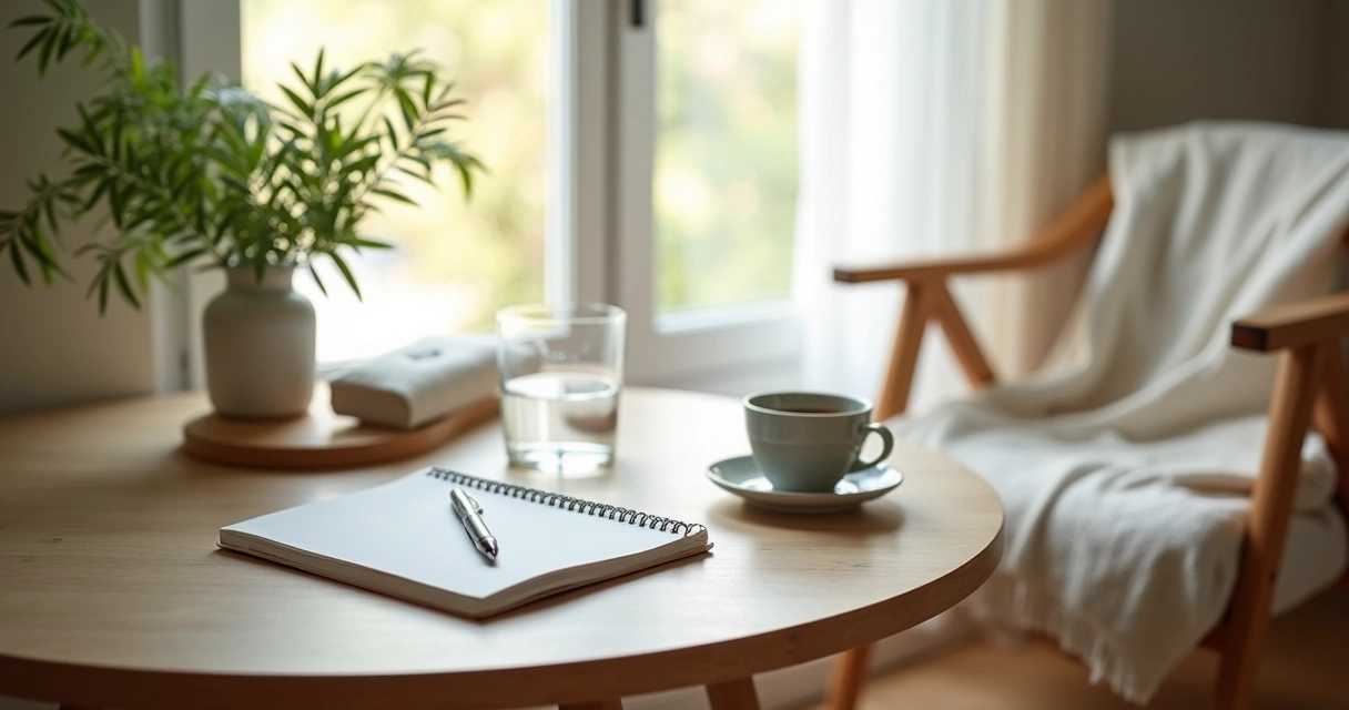 Mesa com água, caderno e café em rotina de autocuidado