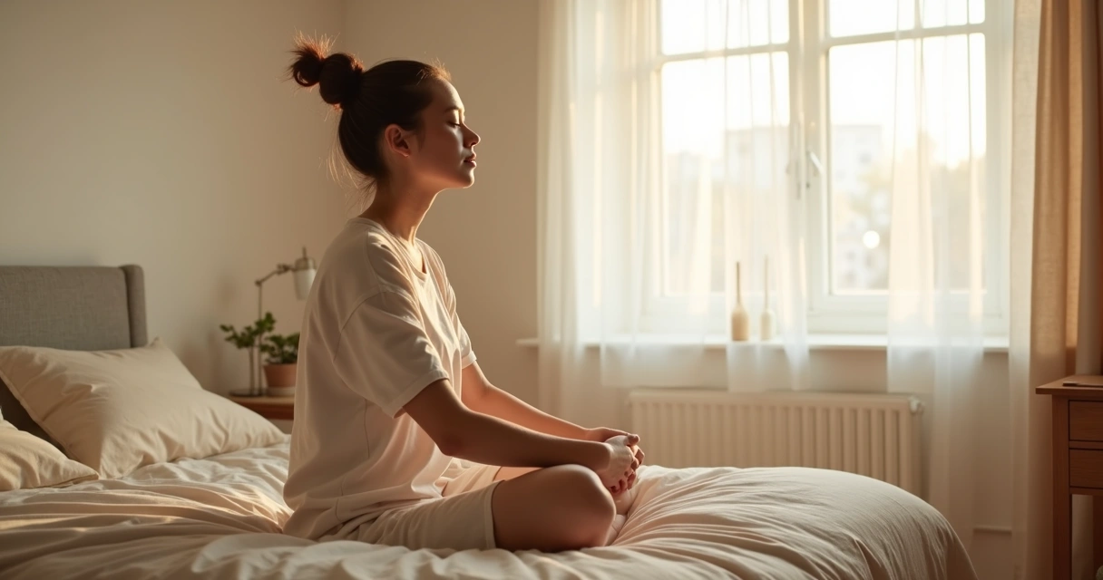 Pessoa sentada na cama respirando com luz suave da manhã 