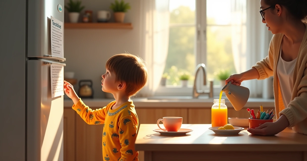 Rotina visual matinal com quadros de tarefas próximos à mesa de café da manhã 