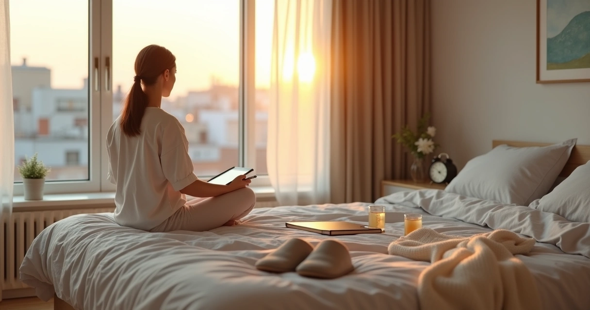 Pessoa sentada na cama ao amanhecer organizando um início de dia equilibrado 