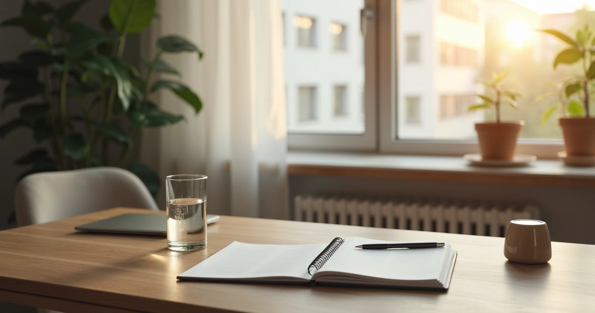 Mesa de home office com água, agenda e luz natural pela manhã