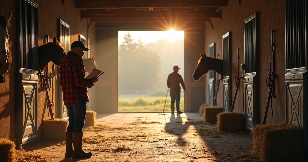 Funcionário conferindo checklist em haras rural 