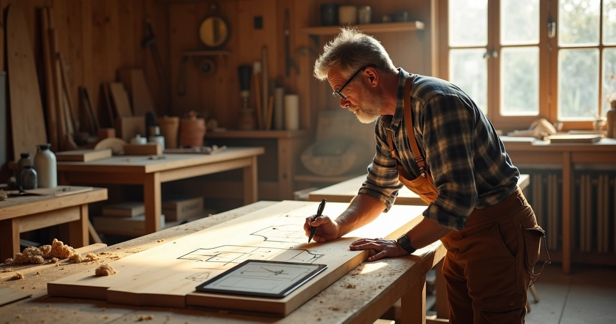 Rotina de oficina de marcenaria com marceneiro realizando plano de corte em madeira 