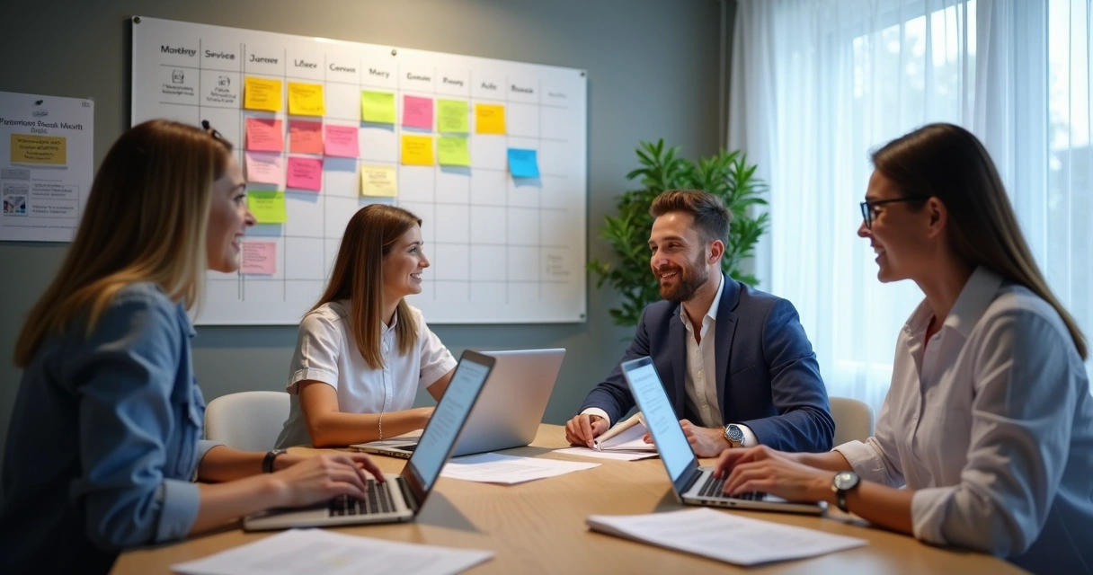 Equipe de clínica odontológica realizando tarefas de marketing digital
