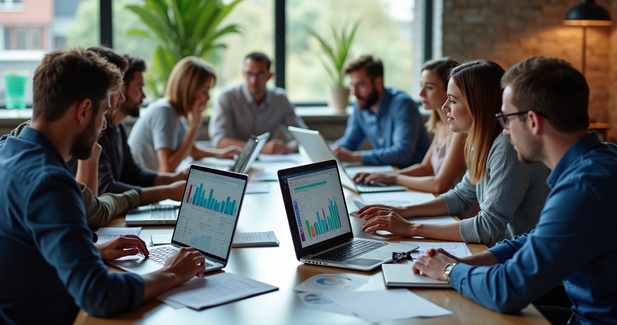 Profissionais de marketing usando laptops e dashboards digitais em uma mesa 