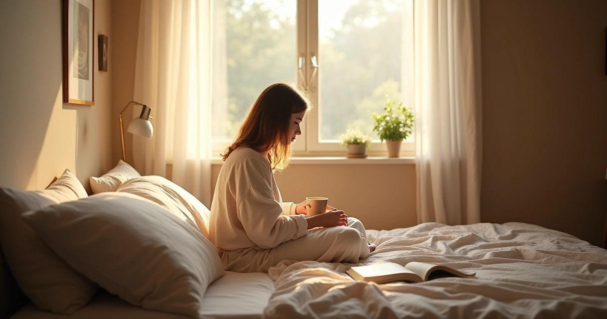 Pessoa sentada na cama, de frente para uma janela, relaxando de manhã 