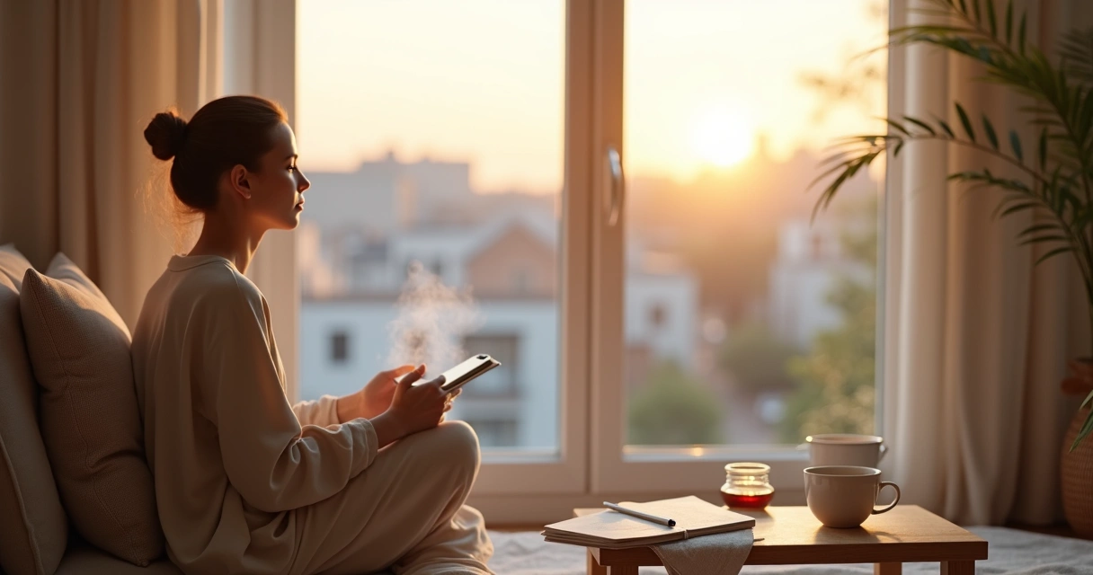 Pessoa sentada à janela praticando rotina matinal consciente com caderno e chá 