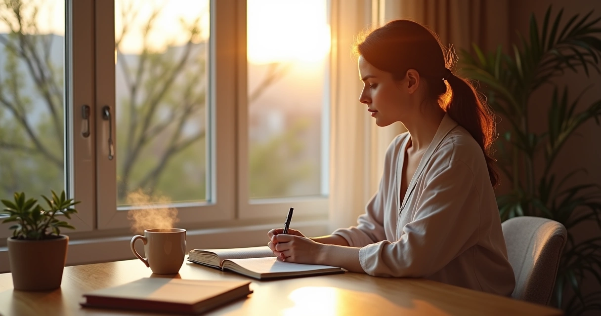 Pessoa sentada à mesa próxima à janela escrevendo em um caderno durante a manhã 