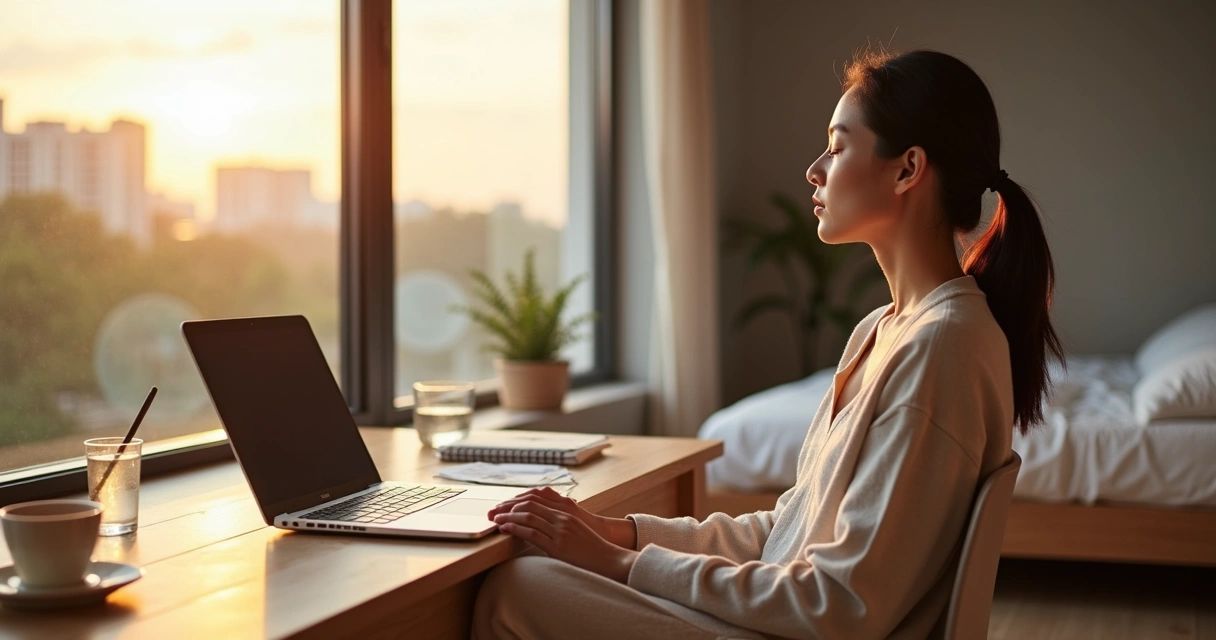 Pessoa em mesa próxima à janela praticando rotina matinal de foco e clareza mental 