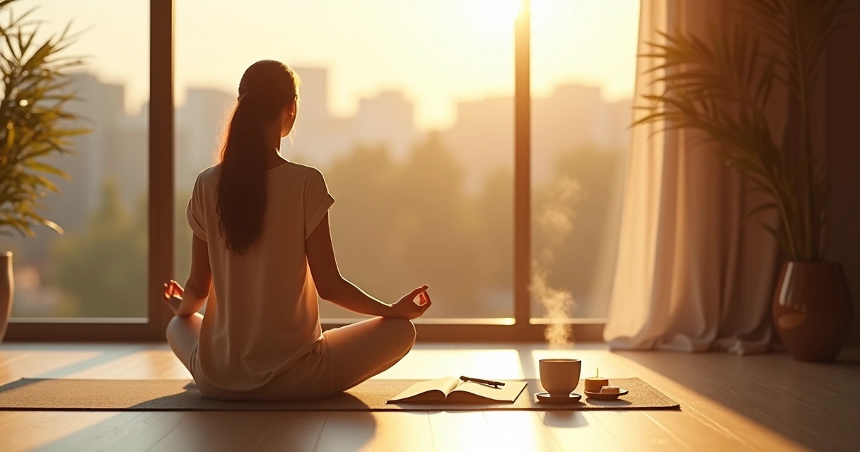 Pessoa meditando ao amanhecer em sala iluminada com caderno de anotações e xícara de chá ao lado 